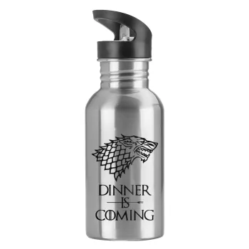 Dinner is coming (GOT), Water bottle Silver with straw, stainless steel 600ml
