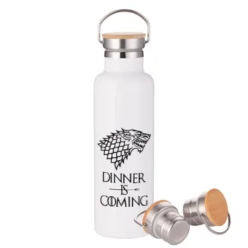 Dinner is coming (GOT), Μεταλλικό παγούρι θερμός (Stainless steel) Λευκό με ξύλινο καπάκι (bamboo), διπλού τοιχώματος, 750ml
