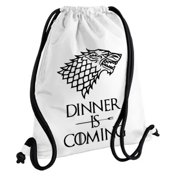 Dinner is coming (GOT), Backpack pouch GYMBAG white, with pocket (40x48cm) & thick cords
