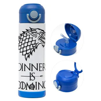 Dinner is coming (GOT), Children's hot water bottle, stainless steel, with safety straw, BLUE (500ml)