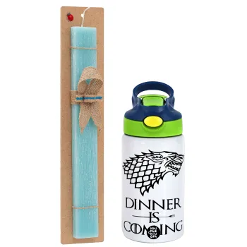 Dinner is coming (GOT), Πασχαλινή Λαμπάδα με Παιδικό παγούρι θερμό, ανοξείδωτο, με καλαμάκι ασφαλείας, πράσινο/μπλε (350ml) & κερί αρωματικό πλακέ (30cm) (ΤΙΡΚΟΥΑΖ)