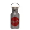 Stainless steel metallic thermos flask, silver with a bamboo lid, double-walled, 350ml.