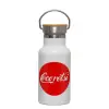 Metallic thermos (Stainless steel) White with wooden lid (bamboo), double-walled, 350ml