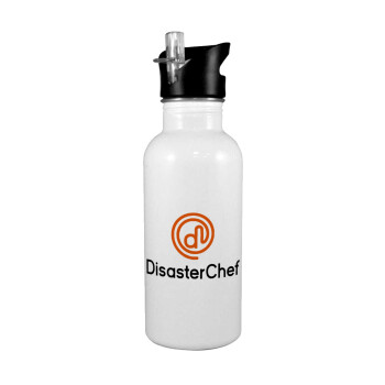 Disaster Chef, White water bottle with straw, stainless steel 600ml