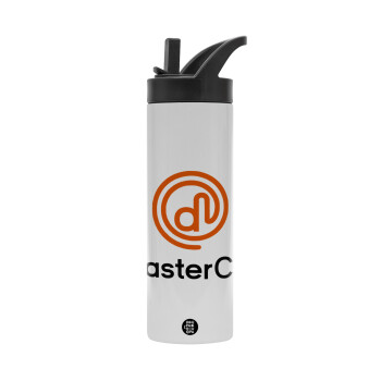 Disaster Chef, Metallic thermos bottle with straw & handle, stainless steel (Stainless steel 304), double-walled, 600ml.