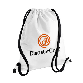 Disaster Chef, Τσάντα πλάτης πουγκί GYMBAG λευκή, με τσέπη (40x48cm) & χονδρά κορδόνια