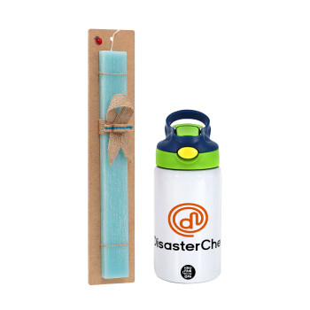 Disaster Chef, Easter Set, Children's thermal stainless steel bottle with safety straw, green/blue (350ml) & aromatic flat Easter candle (30cm) (TURQUOISE)