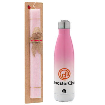 Disaster Chef, Easter Set, Metallic pink/white (Stainless steel) thermos, double-walled, 500ml & aromatic flat Easter candle (30cm) (PINK)