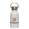 Metallic thermos (Stainless steel) White with wooden lid (bamboo), double-walled, 350ml