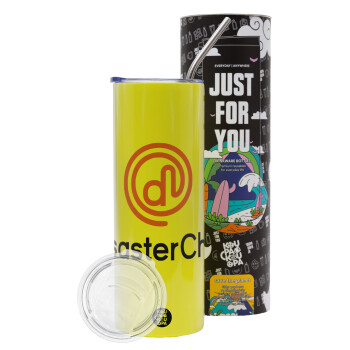 Disaster Chef, Neon Yellow Travel Tumbler θερμό, μεταλλικό καλαμάκι(Ανωξείδωτο 304 Food grade, BPA free, 600ml)