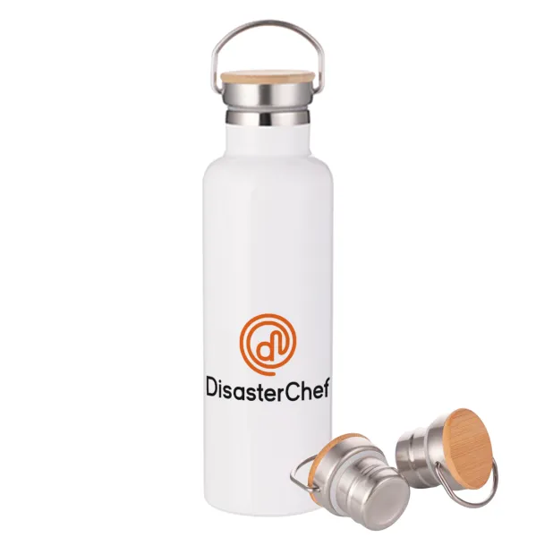 Disaster Chef — Stainless steel White with wooden lid (bamboo), double wall, 750ml
