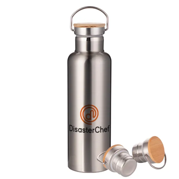Disaster Chef — Μεταλλικό παγούρι θερμός (Stainless steel) Ασημένιο με ξύλινο καπακι (bamboo), διπλού τοιχώματος, 750ml