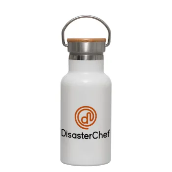 Disaster Chef, Μεταλλικό παγούρι θερμός (Stainless steel) Λευκό με ξύλινο καπακι (bamboo), διπλού τοιχώματος, 350ml