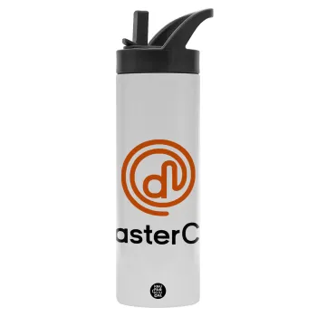 Disaster Chef, Metallic thermos bottle with straw & handle, stainless steel (Stainless steel 304), double-walled, 600ml.