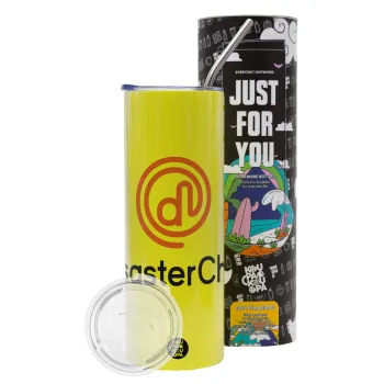 Disaster Chef, Neon Yellow Travel Tumbler θερμό, μεταλλικό καλαμάκι(Ανωξείδωτο 304 Food grade, BPA free, 600ml)