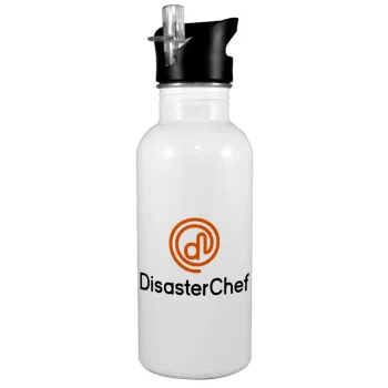 Disaster Chef, White water bottle with straw, stainless steel 600ml
