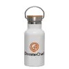 Metallic thermos (Stainless steel) White with wooden lid (bamboo), double-walled, 350ml