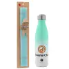 Easter Set, Metallic green/white thermos (Stainless steel), double-walled, 500ml & scented flat Easter candle (30cm) (TURQUOISE)
