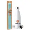 Easter Set, metallic stainless steel water bottle (750ml) & aromatic flat Easter candle (30cm) (TURQUOISE)
