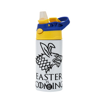 Easter is coming (GOT), Children's hot water bottle, stainless steel, with safety straw, green, blue (360ml) BPA FREE