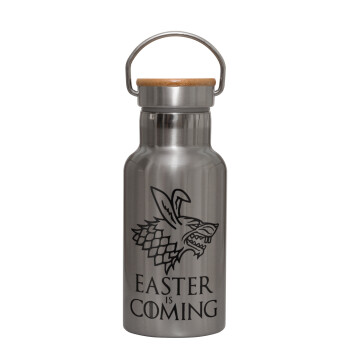 Easter is coming (GOT), Μεταλλικό παγούρι θερμός (Stainless steel) Ασημένιο με ξύλινο καπακι (bamboo), διπλού τοιχώματος, 350ml