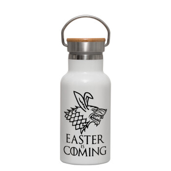 Easter is coming (GOT), Μεταλλικό παγούρι θερμός (Stainless steel) Λευκό με ξύλινο καπακι (bamboo), διπλού τοιχώματος, 350ml