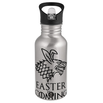 Easter is coming (GOT), Water bottle Silver with straw, stainless steel 500ml