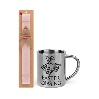 Easter is coming (GOT), Πασχαλινό Σετ, μεταλλική κούπα θερμό (300ml) & πασχαλινή λαμπάδα αρωματική πλακέ (30cm) (ΡΟΖ)