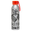 Aluminum Sports Bottle 650ml – Silver with Red Cap and Silicone Strap