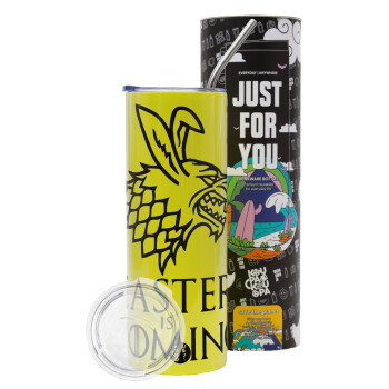 Easter is coming (GOT), Neon Yellow Travel Tumbler, with metal straw (Stainless steel 304 Food grade, BPA free, 600ml)