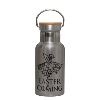 Easter is coming (GOT), Μεταλλικό παγούρι θερμός (Stainless steel) Ασημένιο με ξύλινο καπακι (bamboo), διπλού τοιχώματος, 350ml