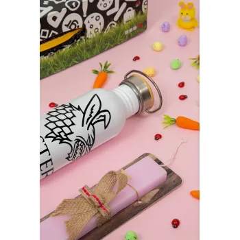 Easter is coming (GOT), Πασχαλινή Λαμπάδα με παγούρι μεταλλικό (620ml, stainless steel) & κερί αρωματικό πλακέ (30cm) (ΡΟΖ)