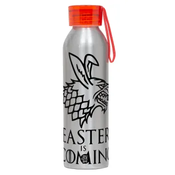 Easter is coming (GOT), Αλουμινένιο Αθλητικό Μπουκάλι 650ml – Ασημί με Κόκκινο Καπάκι και Λουράκι Σιλικόνης