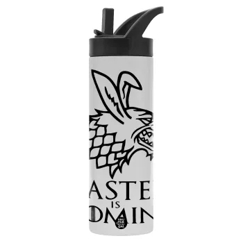 Easter is coming (GOT), Μεταλλικό παγούρι θερμός με καλαμάκι & χειρολαβή, ανοξείδωτο ατσάλι (Stainless steel 304), διπλού τοιχώματος, 600ml