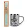 Easter Set, metallic thermal cup (300ml) & aromatic flat Easter candle (30cm) (TURQUOISE)