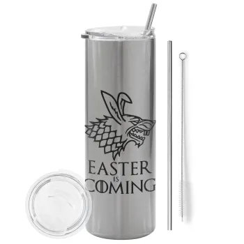 Easter is coming (GOT), Tumbler ποτήρι θερμό Ασημένιο από ανοξείδωτο ατσάλι 600ml, με μεταλλικό καλαμάκι & βούρτσα καθαρισμού