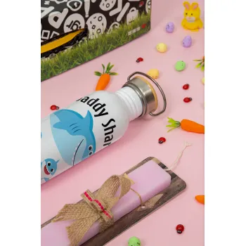 Daddy Shark (με ονόματα παιδικά), Πασχαλινή Λαμπάδα με παγούρι μεταλλικό (620ml, stainless steel) & κερί αρωματικό πλακέ (30cm) (ΡΟΖ)