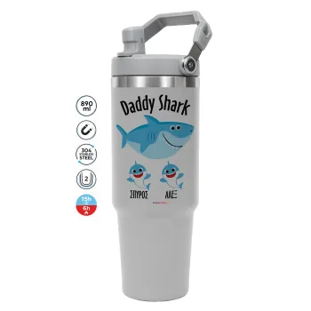 Daddy Shark (με ονόματα παιδικά), GREY color, 890ml (30oz) stainless Steel Tumbler with Handle
