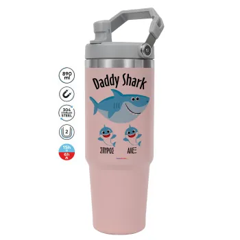 Daddy Shark (με ονόματα παιδικά), Pink color, 890ml (30oz) stainless Steel Tumbler with Handle