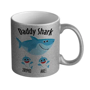 Daddy Shark (με ονόματα παιδικά), Κούπα Ασημένια Glitter που γυαλίζει, κεραμική, 330ml