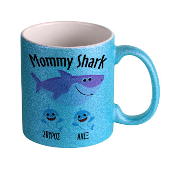 Mommy Shark (με ονόματα παιδικά), Κούπα Σιέλ Glitter που γυαλίζει, κεραμική, 330ml