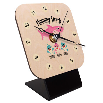 Mommy Shark (με ονόματα παιδικά), Quartz Table clock in natural wood (10cm)