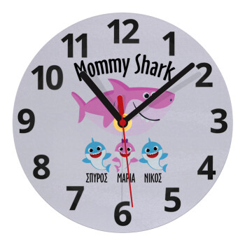 Mommy Shark (με ονόματα παιδικά), Ρολόι τοίχου γυάλινο (20cm)