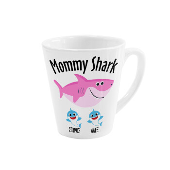 Mommy Shark (με ονόματα παιδικά), Κούπα κωνική Latte Λευκή, κεραμική, 300ml