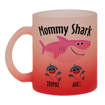 Mommy Shark (με ονόματα παιδικά), Κούπα γυάλινη δίχρωμη με βάση το κόκκινο ματ, 330ml