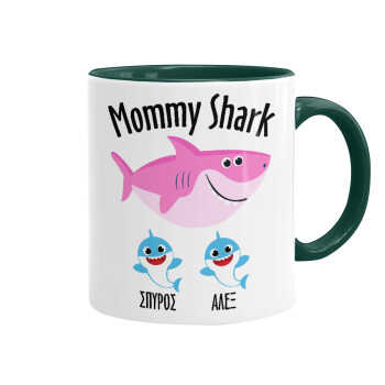 Mommy Shark (με ονόματα παιδικά), Κούπα χρωματιστή πράσινη, κεραμική, 330ml