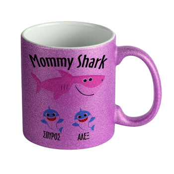 Mommy Shark (με ονόματα παιδικά), Κούπα Μωβ Glitter που γυαλίζει, κεραμική, 330ml