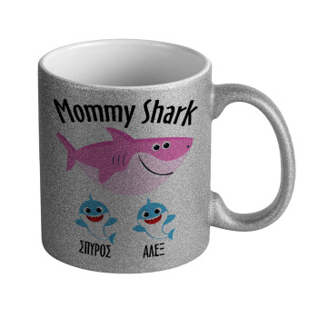 Mommy Shark (με ονόματα παιδικά), Κούπα Ασημένια Glitter που γυαλίζει, κεραμική, 330ml