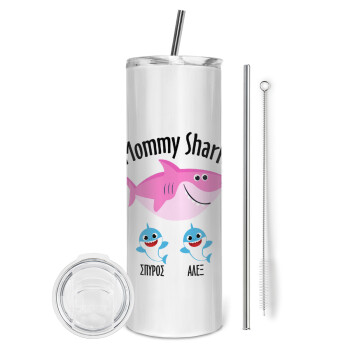 Mommy Shark (με ονόματα παιδικά), Eco friendly stainless steel tumbler 600ml, with metal straw & cleaning brush