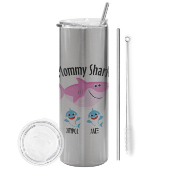 Mommy Shark (με ονόματα παιδικά), Eco friendly stainless steel Silver tumbler 600ml, with metal straw & cleaning brush